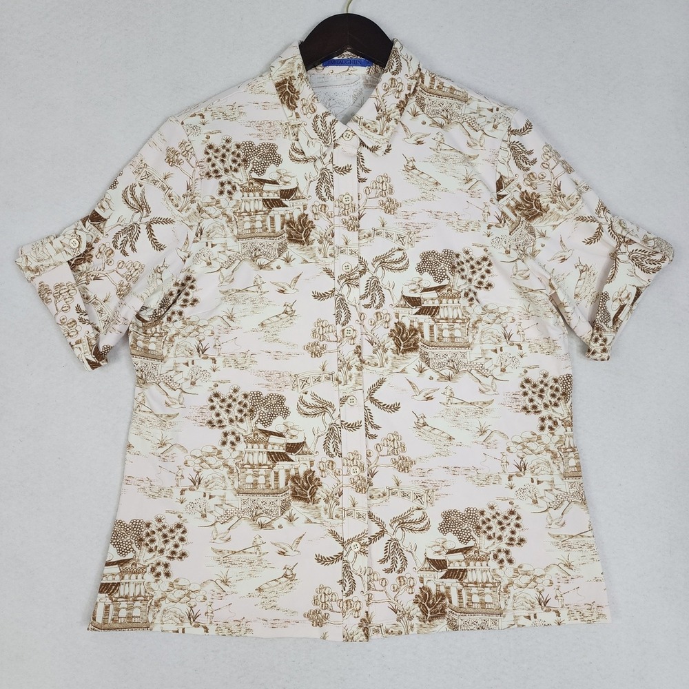 J.McLaughlin Shirt Womens XL Cream Brown Toile de Jouy Print Button Up Casual
